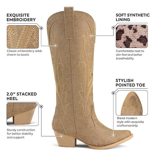 Rollda Cowboy Boots for Women Cowgirl Boots Embroidered Knee-High Western Boots Pointy Toe with Chunky Heel thumbnail 5