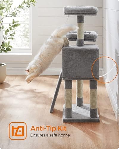 Feandrea Cat Tree, 45.3-Inch Cat Tower, Plush Condo with Scratching Post, Ramp, Perch, Spacious Cave, for Small Space, Light Gray UPCT141W01 thumbnail 8