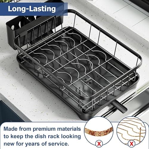arshray Dish Drying Rack Single Layer with Utensil Holder, Adjustable Spout Auto-Draining Dish Rack for Kitchen Counter, Large Capacity for Plates, Bowls, Cups, Dish Drainer with Drainboard,Black - One Tier - Black - Metal thumbnail 5