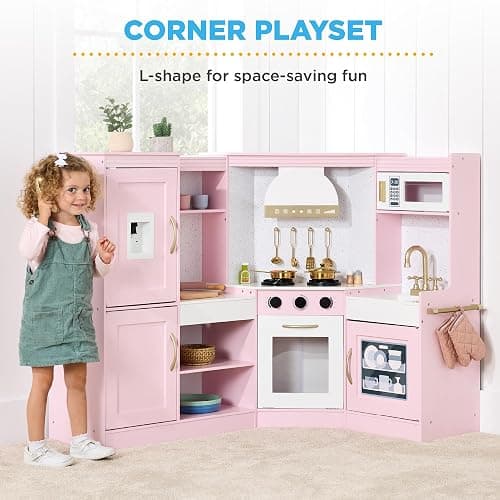 Best Choice Products Pretend Play Corner Kitchen, Ultimate Interactive Wooden Kids Playset w/Lights & Sounds, Ice Maker, Hood - Bevel Pink thumbnail 3