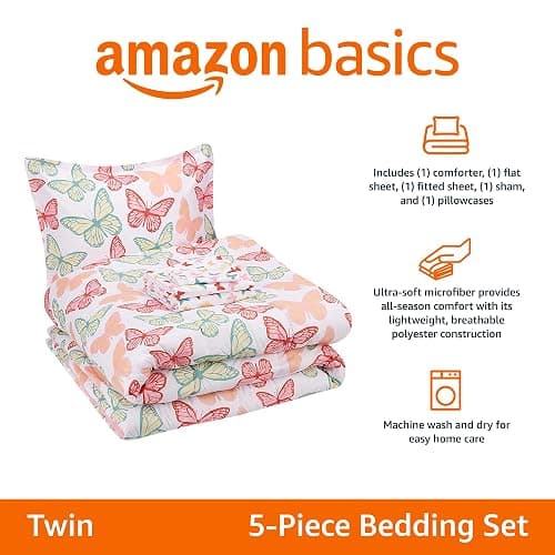 Amazon Basics Kid's Soft, Easy Care Microfiber Bed-in-a-Bag 5-Piece Bedding Set, Twin, Butterfly Friends thumbnail 2