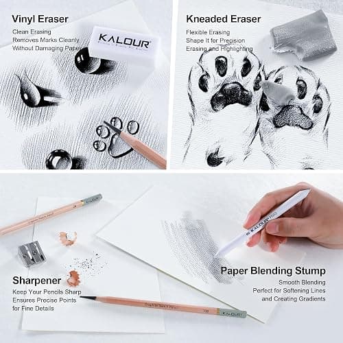 KALOUR 18-Piece Professional Sketch Pencil Set - Includes 5H to 14B Pencils, Vinyl Eraser, Kneaded Eraser,Sharpener and Paper Blending Stump - Ideal for Artists and Beginners thumbnail 6