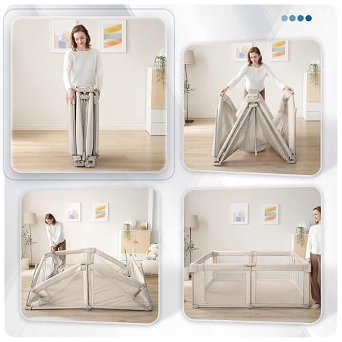 Sweeby Baby Playpen, 59x59 Inch Gate Foldable for Babies and Toddlers, Extra Large with Door Play Yard for Fence Indoor and Outdoor, Light Khaki thumbnail 5