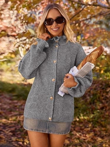 MEROKEETY Women's Fall 2025 Chunky Cardigan Sweaters Trendy Ruffle Button Down Long Sleeve Casual Knit Coat Winter Clothes thumbnail 2