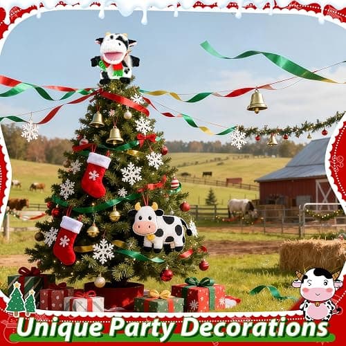 Cow Christmas Tree Topper with Red Scarf, 9In Stuffed Animal Tree Topper, Black and White Tree Topper for Country Farm Home Indoor/Outdoor Winter Holiday Birthday Party Favor Gift Christmas Tree Decor thumbnail 5