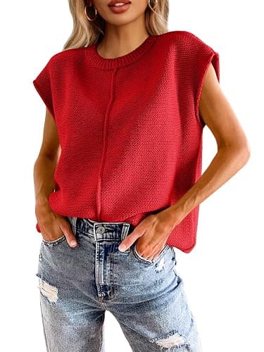 Saodimallsu Womens Summer Cap Sleeve Tops Casual Crew Neck Loose Fit Knit Lightweight Sweater Pullover Top - Image 1