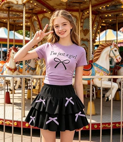 FJLSJSW Teenage Girls Skirt Set 2 Piece Short Sleeve Top Shirred Tiered Skirt Outfit Skirt for Teen Girls 7-13 Years thumbnail 6