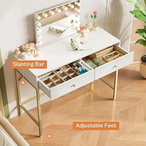 SUPERJARE 39.4" White and Gold Desk with 2 Drawers, Modern Makeup Vanity Desk, Small Computer Desk Home Office Desk for Writing Study Bedroom thumbnail 6