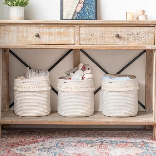 Mkono Macrame Decorative Cotton Rope Basket Boho Nursery Decor Small Cute Woven Tassel Closet Storage Bins Organizer for Baby Toys,Magazines, Potted Plants Cover,Living Room,Bedroom, 11"x11" thumbnail 2
