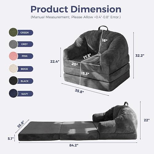 MAXYOYO Folding Sofa Bed with Backrest, Boneless Fold Out Couch Bed with Handle, 2 in 1 Convertible Bean Bag Chair to Floor Sofa Lounger, Comfy Folding Couch for Bedroom & Living Room, Dark Grey thumbnail 3