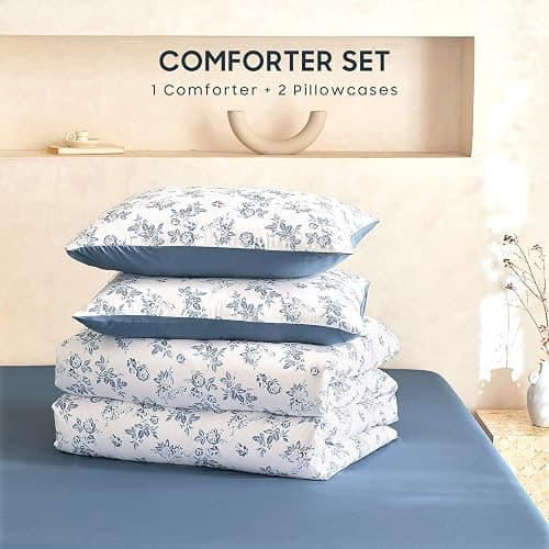 Wake In Cloud - Cottagecore Comforter Set, Floral Vintage Flower Shabby Chic Coquette Aesthetic for Women Teen Girls, Soft Lightweight Dorm Bedding, 3 Pieces, Dark Blue, Twin/Twin XL Size thumbnail 2