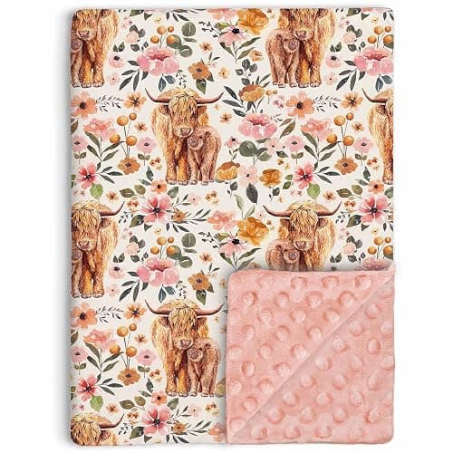 Highland Cow Baby Blanket for Girls, Boho Floral Farmhouse Highland Cow Toddler Soft Minky Blanket with Double Layer Dotted Backing, Nursery Newborn Baby Crib Receiving Blanket Western Cow, 30"x40" - Image 1