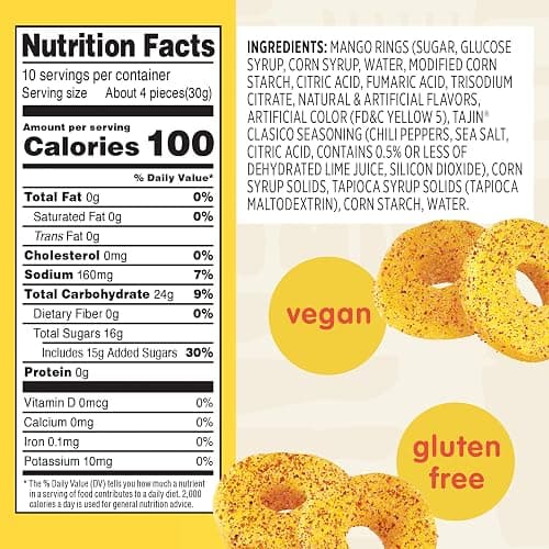 Snak Club Tajin Mango Rings Gummy Candy, Fruit Candy Gummies with Chili and Lime Seasoning, Mild, Gluten-Free and Vegan Snacks, 11 oz Resealable Bag thumbnail 2