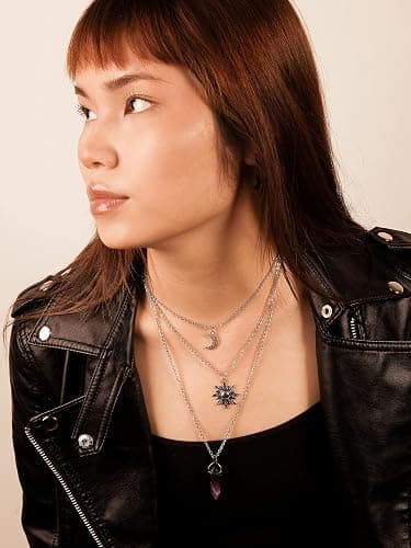 Sacina Gothic Layered Crystal Sun and Moon Necklace, Moon and Sun Pendant, Gothic Goth Emo Grunge Necklace, Goth Jewelry, Halloween Christmas Jewelry Gift For Women thumbnail 2