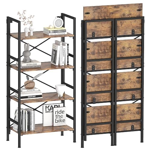 Homeiju Folding Bookshelf,4 Tier Bookcase Foldable Shelf with X-Bracket Design, Adjustable Feet, Space Saving Storage for Living Room, Office, Rustic Brown - Image 1