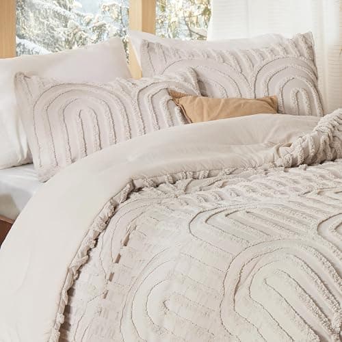 Bedsure Boho Tufted Queen Comforter Set - Beige Boho Bedding Comforter Sets, 3 Pieces Farmhouse Shabby Chic Embroidery Bed Set, Soft Fluffy Cozy Arch Pattern Comforter for All Seasons thumbnail 5