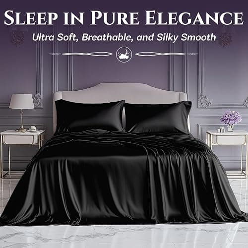 SLEEP SANCTUARY Satin Sheets King Size – 4 Piece Luxury Silky Bed Set, Softer Than Silk, 15" Deep Pocket, Cooling & Wrinkle-Free, Moisture-Wicking & Breathable for Hair & Skin (Black) thumbnail 2