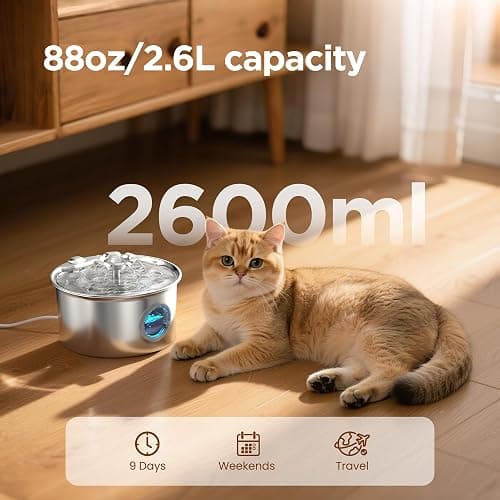 Stainless Steel Cat Water Fountain: 88oz/2.6L Ultra Quiet Pet Fountain with Flower Kitty Spout & LED Blue Light Water Dispenser with Water Level Window for Cats/Dogs Indoor (Silver) - IHOUONE thumbnail 2