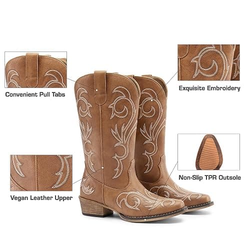 DREAM PAIRS Women's Cowboy Boots Mid Calf Cowgirl Boots Square Toe Chunky Heel Embroidery Stitched Western Boots thumbnail 7