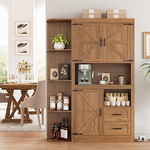 IRONCK 70" Farmhouse Kitchen Pantry, Storage Cabinet with Power Outlets, 4 Side Shelves, Buffet Sideboard with Microwave Stand, Coffee Bar with 2 Drawers, Cupboard for Dining Room (Dark Walnut) thumbnail 4