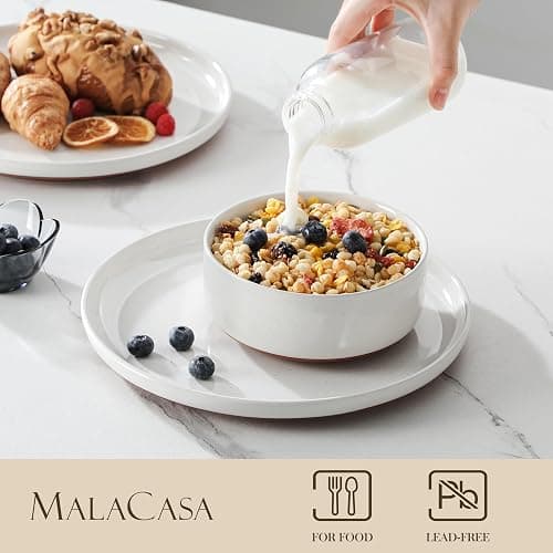 MALACASA Plates and Bowls Sets, 12 Pieces Modern Stoneware Dinnerware Set for 4 Kitchen Dinner Set Ceramic Dishware Dishes Set Microwave and Dishwasher Safe, White, Series TARA thumbnail 2