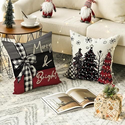 AVOIN colorlife Merry Christmas Joy Xmas Trees Red Throw Pillow Covers, 18 x 18 Inch Christmas Winter Holiday Cushion Case Decoration for Sofa Couch Set of 4 thumbnail 5
