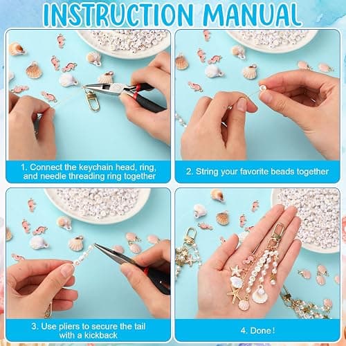 Cunno 776 Pcs Seashell Keychain Making Kit Ocean DIY Craft Key Chain Starfish Pearl Seahorse Letter Name Beads with Keychain Clip and Tool Accessories for Backpacks Purse Tote Bag Crafts DIY Supplies thumbnail 2