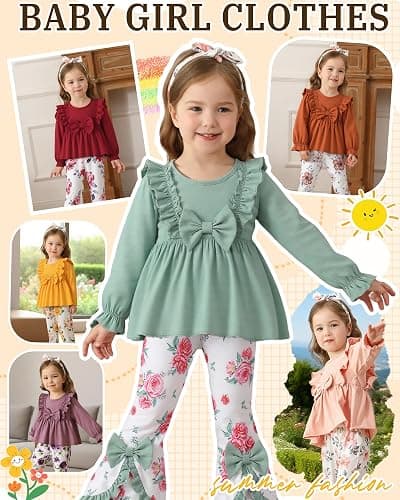 Toddler Baby Girl Clothes Fall/Winter Girls Outfits Ruffle Long Sleeve Tops Floral Flared Pants Girls' Clothing Sets thumbnail 2