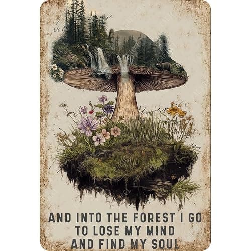 CAEJCCL And Into The Forest I Go To Lose My Mind Funny Metal Sign Vintage Mushroom Forest Tin Signs Retro Wall Decor Home Garden Yard Garage 8×12 Inch - Image 1