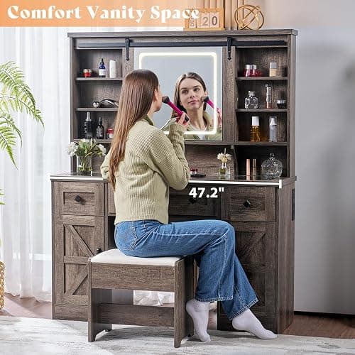 AMERLIFE 47.2" Farmhouse Vanity Desk with Mirror and Lights, Rustic Makeup Vanity Table with Charging Station, Vanity Set with Stool & Storage, LED Sliding Mirror & Glass Top, Dark Oak Finish thumbnail 6