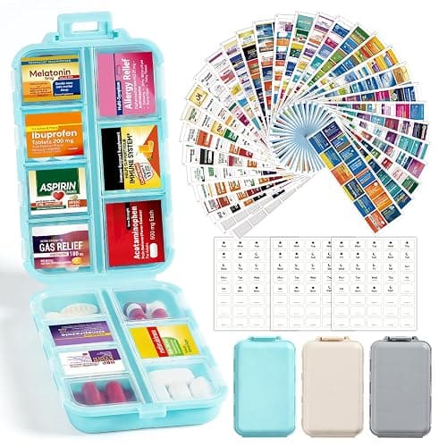3 Pack | 14 Grids | Travel Pill Organizer Box | 415-Pcs Medicine Name Labels | Khaki+Grey+Sky Blue - Image 1