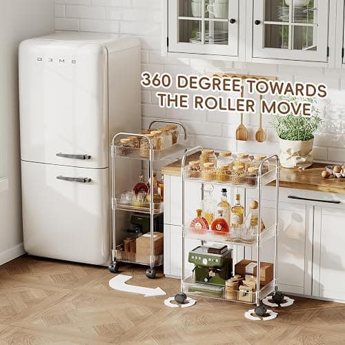 STARLATTA 3 Tier Rolling Cart with Lockable Wheels, Clear Acrylic Utility Trolley with Handle, Heavy-Duty Storage Organizer for Kitchen Bathroom Nursery Laundry - Snack Book Craft Organizer (Clear) thumbnail 3