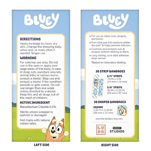 Bluey Kids Bandages, 3 Assorted Sizes 100 CT | Wear Like Stickers, Flexible Adhesive Bandages for Minor Cuts, Scrapes, and Burns. Great Gift idea and Stocking Stuffer thumbnail 7