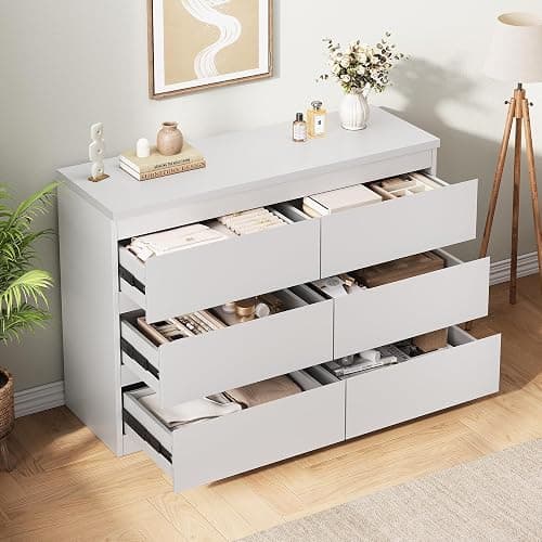 Jocoevol White 6 Drawer Dresser for Bedroom, 15.3" D x 47.2" W x 32.3" H in Simply Modern Chest of Drawers, Wood Storage Double Dresser with Deep Drawers for Living Room, Hallway Entryway, White thumbnail 8