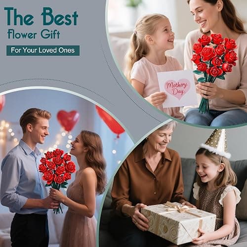 Kit de Construction Bouquet de Fleurs, 634 Pcs 12 Roses Rouges Décoratives pour Bureau ou Maison, Cadeaux pour Noël Enfants, Saint-Valentin pour Homme ou Femme, Adultes, Fête des Mères thumbnail 6