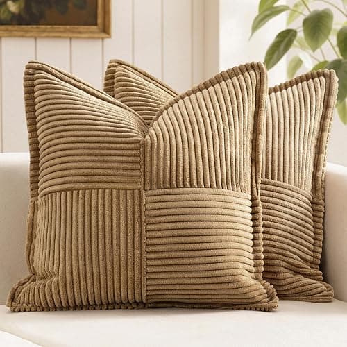 MIULEE Decorative Throw Pillow Covers for Couch Bed Livingroom 18x18 Inch Set of 2 Brown Boho Accent Throw Pllows Broadside Striped Patchwork Soft Corduroy Pillowcases - Image 1