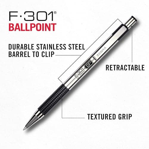 Zebra Pen STEEL F-301 Retractable Ballpoint Pen, Black Ink, 0.7mm, 4-Pack | Stainless Steel Barrel, Non-Slip Grip, Easy-Glide Ink, Fine Point, Professional Design, Ideal for Journals & Planners (27114) thumbnail 4