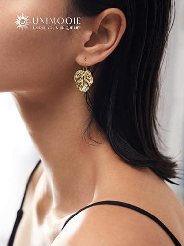 Unimooie 18k Gold Plated Vibe Monstera Leaf Earrings for Women Gold Lightweight Boho Leaves Hook Drop Dangle Party Gift thumbnail 2