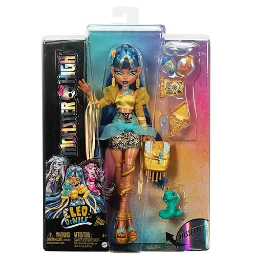 Monster High Cleo De Nile Doll in Golden Blouse & Layered Skirt, Includes Pet Cobra Hissette & Accessories Like a Backpack, Snack & Scroll thumbnail 7