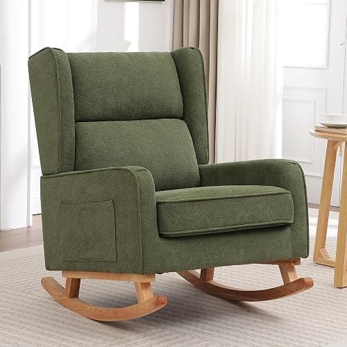 HCHAIRH Nursery Rocking Chairs, Rocking Chair Nursery for Mom Nursery Rocker with High Backrest and Solid Wood Legs, Modern Wingback Accent Rocking Chair for Reading Living Room Bedroom Green thumbnail 9