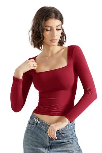 SUUKSESS Women Square Neck Long Sleeve Tops Double Lined Going Out T Shirts thumbnail 4