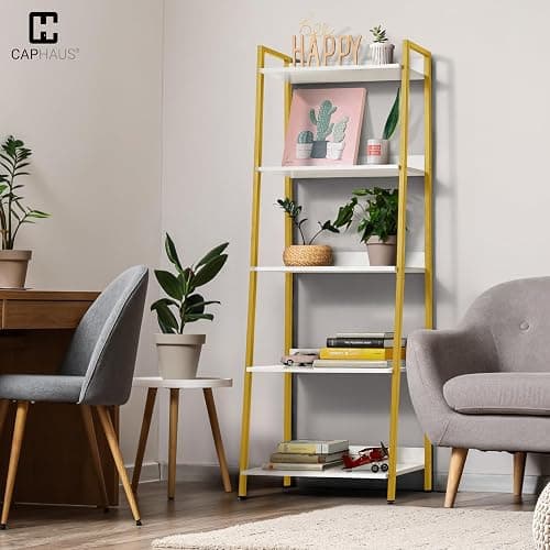 CAPHAUS 5 Tier Ladder Bookshelf, 24 Inch Width Free Standing Shelf, Bookcase Shelf Storage Rack Organizer, Industrial Book Shelves for Home Office, Living Room, Kitchen, White Shelves & Gold Frame thumbnail 2