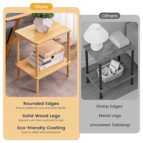 Apicizon 2 Tier End Table Set of 2, Small Side Table with Solid Wood Legs, Boho Bedside Table with Storage Shelf, Nightstand for Small Spaces, Bedroom, Living Room, Entryway, Easy Assembly, Natural thumbnail 4