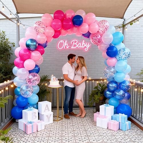 Pink and Blue Summer Balloons, 12 Inch Hot Light Pink Metallic Dark Blue Latex Balloons with Confetti Balloon for Tropical Hawaiian Gender Reveal Cartoon Birthday Pool Baby Shower Party Decorations thumbnail 8