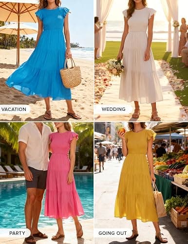 ZESICA Women's 2026 Summer Casual Flutter Short Sleeve Crew Neck Smocked Elastic Waist Tiered Midi Dress thumbnail 2