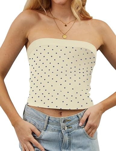 TERIVEEK Women Strapless Reversible Foldover Tube Top Y2K Floral Print Graphic Crop Bandeau Tops Sleeveless Slim Fit Shirt thumbnail 4