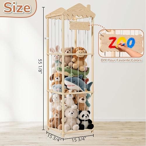 AMBIRD Stuffed Animal Storage, Wood Stuffed Animal Zoo Holder, Large Kids Toy Organizers, Plushies Storage for Boys Girls Bedroom, Playroom, Nursery (15.75 x 15.75 x 55 inch) thumbnail 2