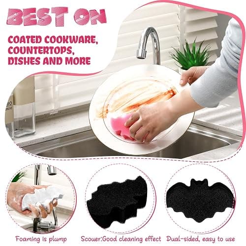 Tioncy 12 Pack Bat Kitchen Sponges Bulk Dual Sided Scrubber Sponges Dishwashing Non Scratch for Bat Kitchen Accessories Dish Scouring Black, White, Pink thumbnail 5