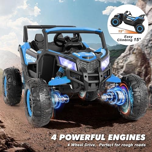 JOYLDIAS 4WD Ride On Car, 12V Battery Powered Electric Off-Road UTV for Kids, 4X4 Electric Vehicle with 4 Powerful Engines, 2.4G Remote Control, Music, Bluetooth, LED Lights for Boys and Girls, Blue thumbnail 3