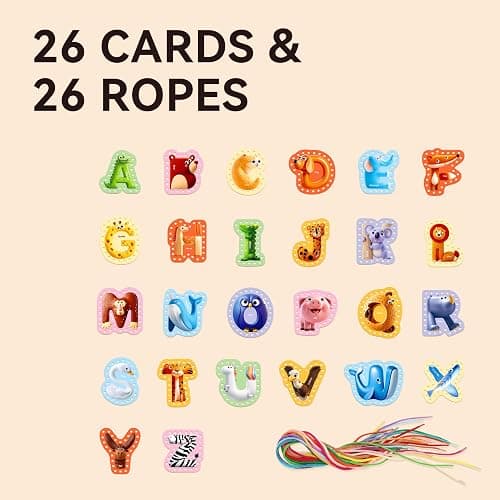 Dotimo Lacing Cards - 26PCS Double - Sided Uppercase Sewing Cards, 26 Animal Alphabet Games, for Kids Ages 3-5, Preschool Learning & Quiet Time Activities thumbnail 7